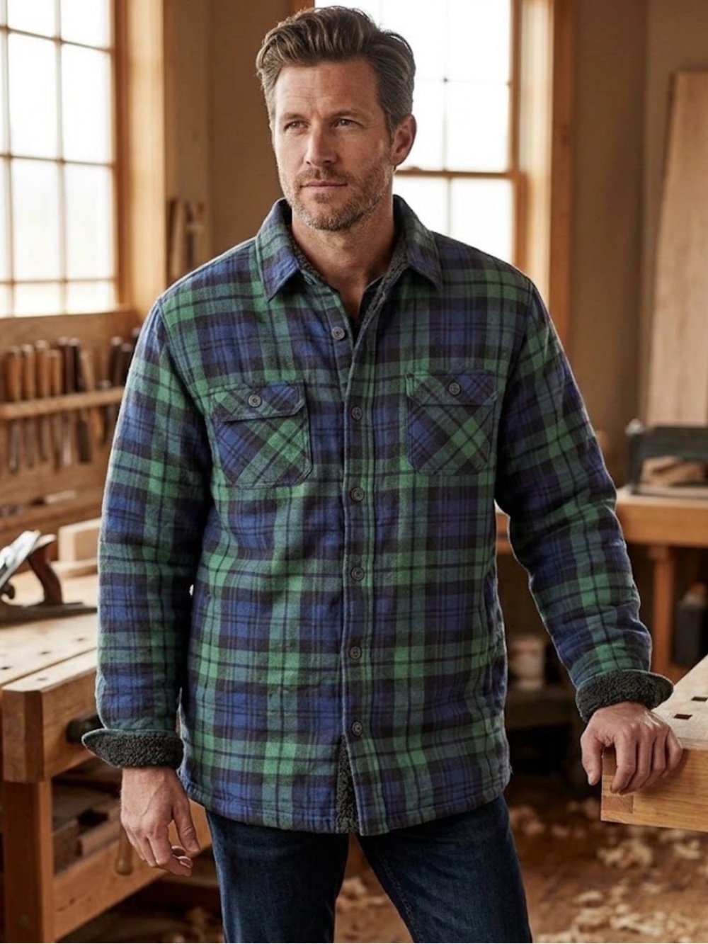 Weatherproof Vintage Men’s Sherpa Lined Black Watch Plaid Flannel Jacket Large L